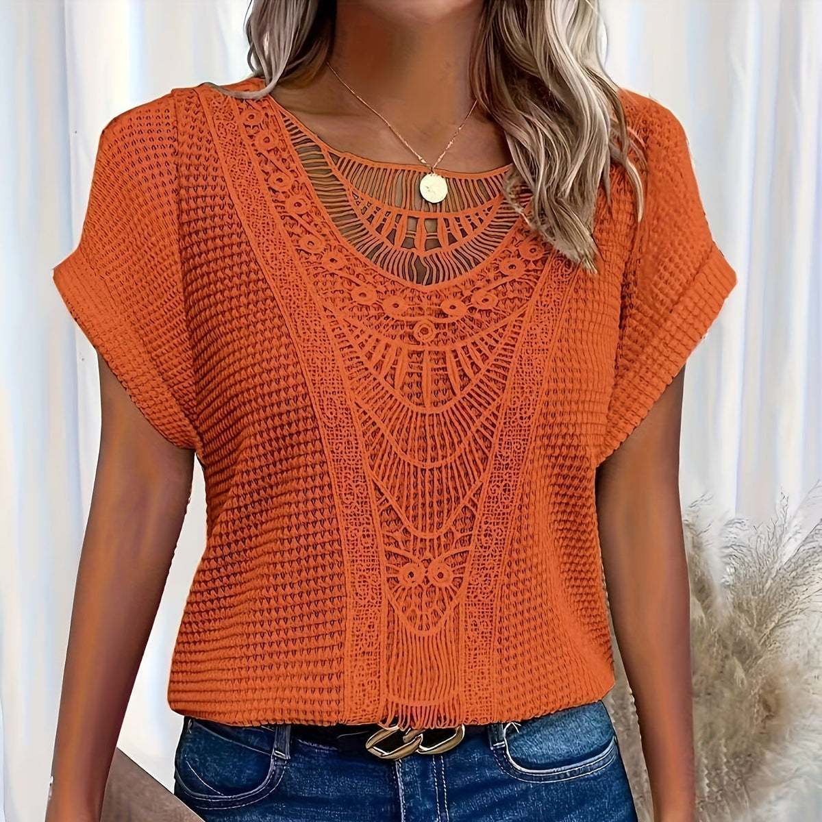 Crochet Lace Panel Round Neck Short Sleeve Waffle Knit Top