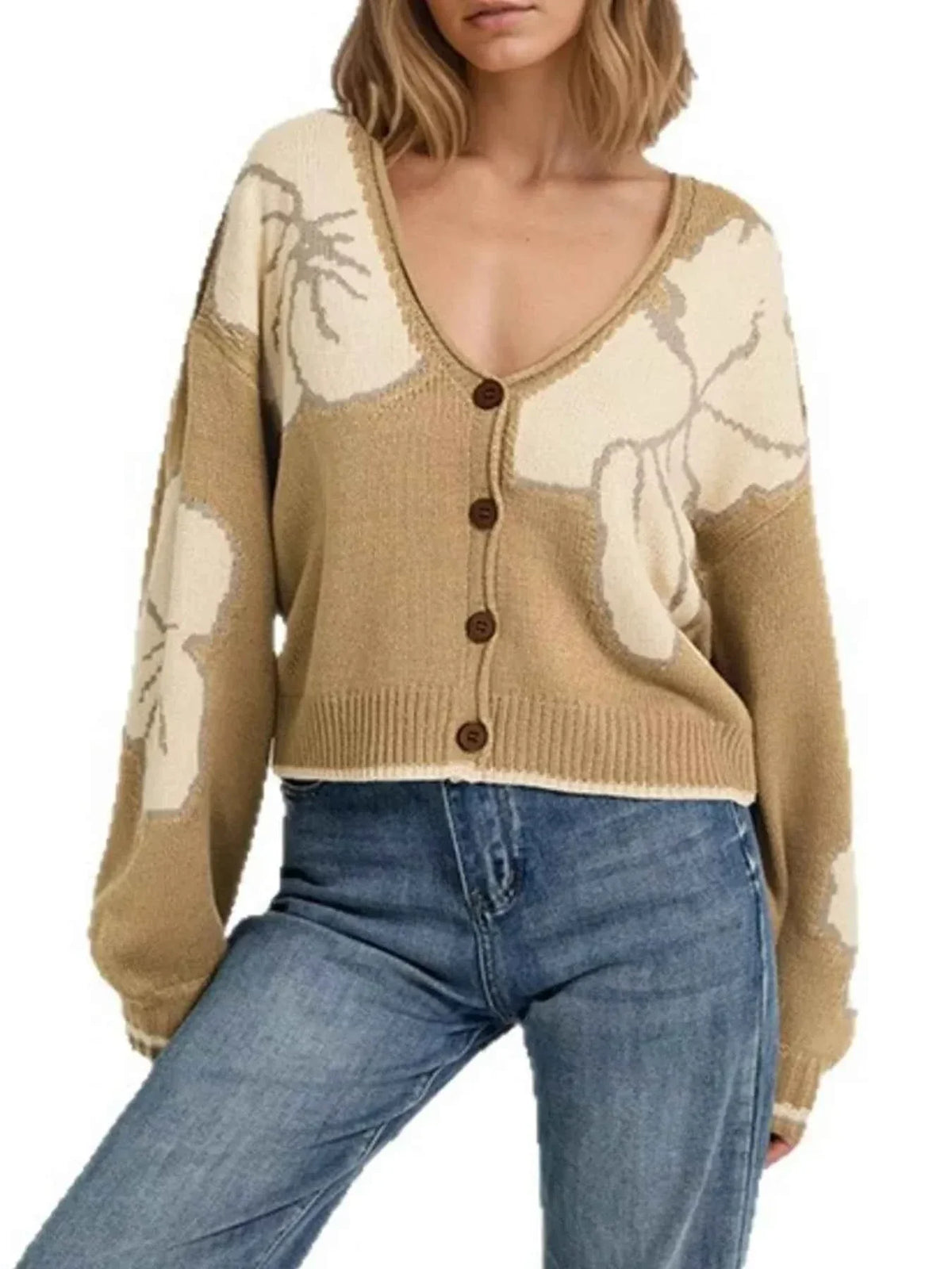 Floral Pattern V-Neck Button Front Drop Shoulder Cropped Knit Cardigan 3