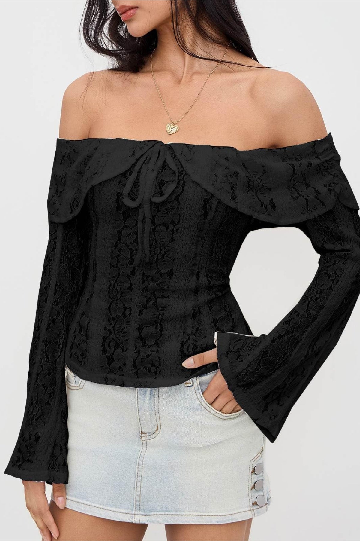 Off Shoulder Lace Patchwork Bodycon Long Sleeve Tee
