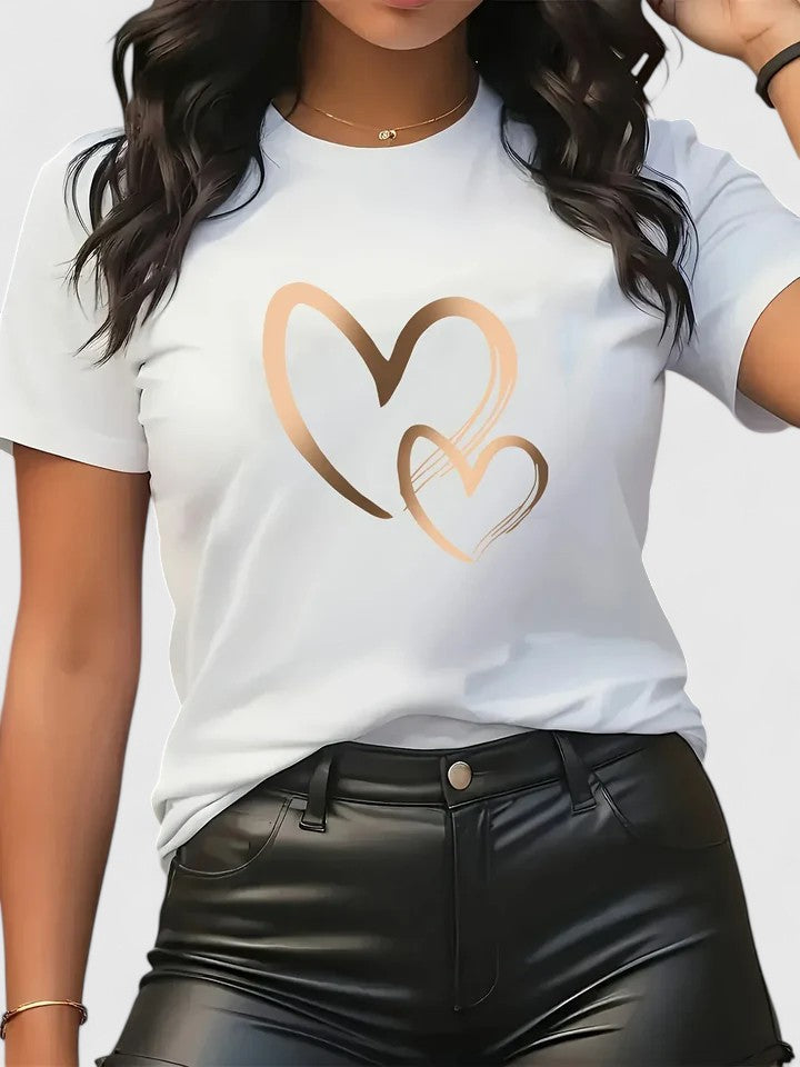 Heart Print Crew Neck Short Sleeve T-Shirt