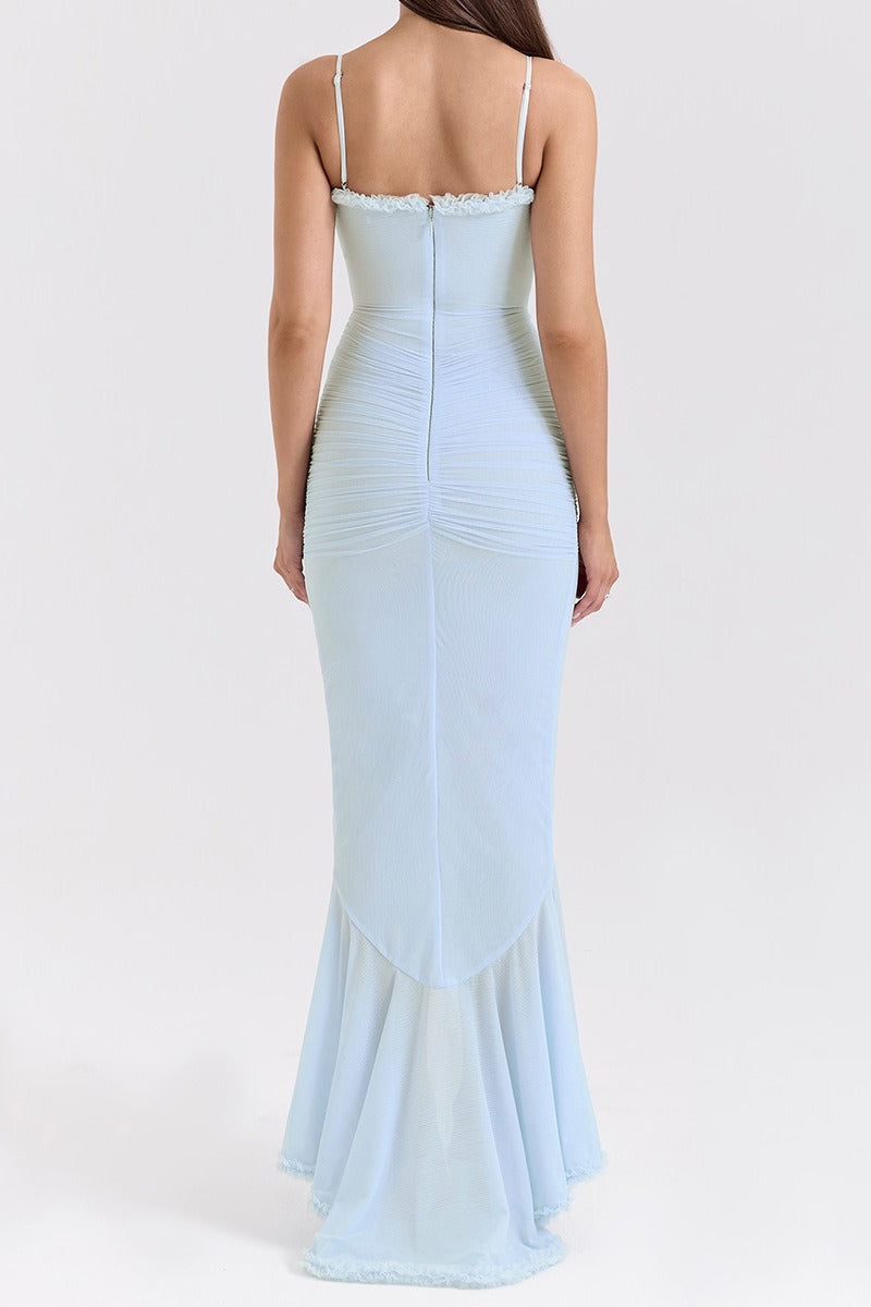 Spaghetti Strap Ruffle Trim High Low Asymmetrical Mini Party Dress