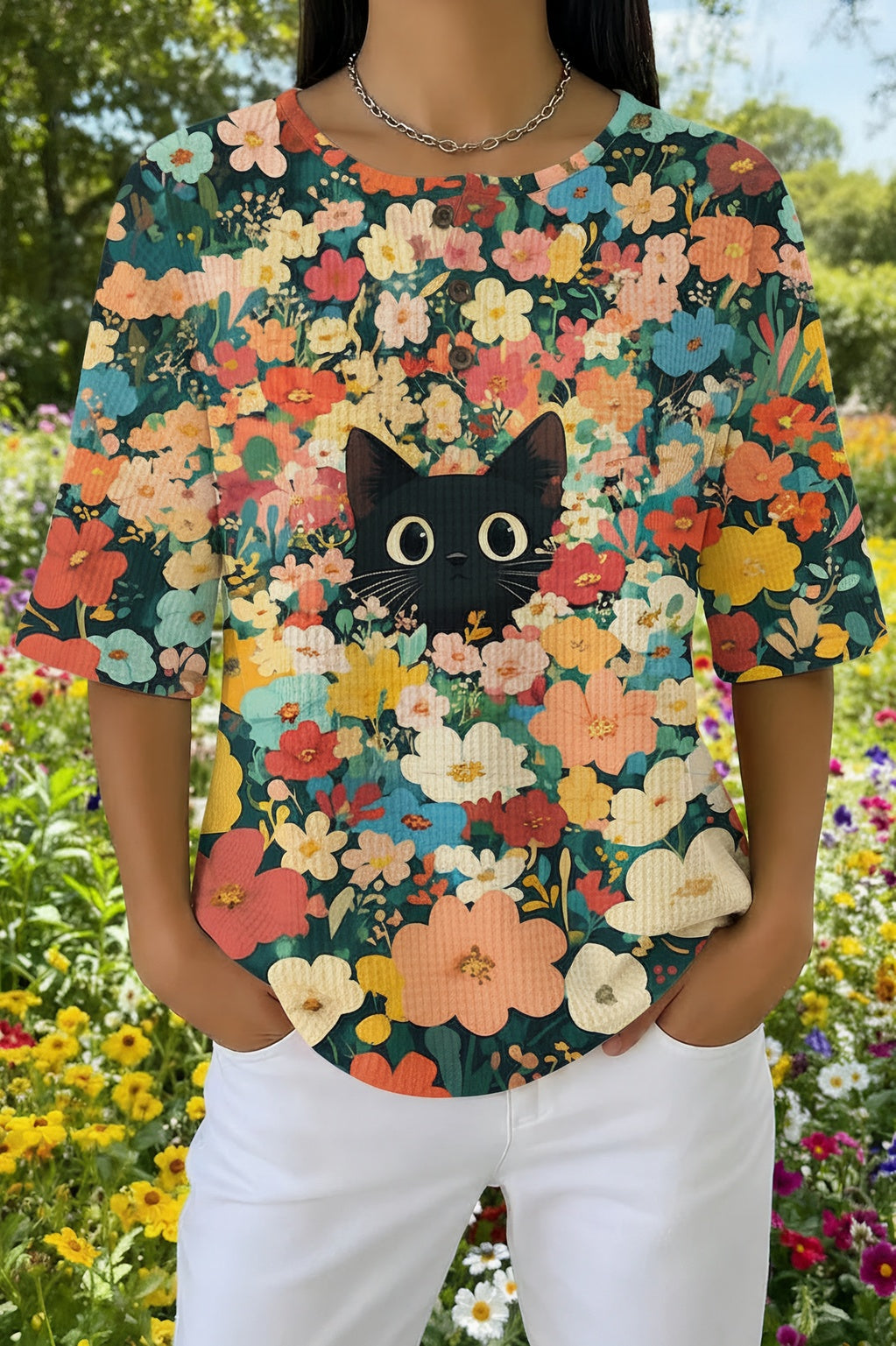 Womens Black Multi-Color Floral Cat Print Casual Shirt