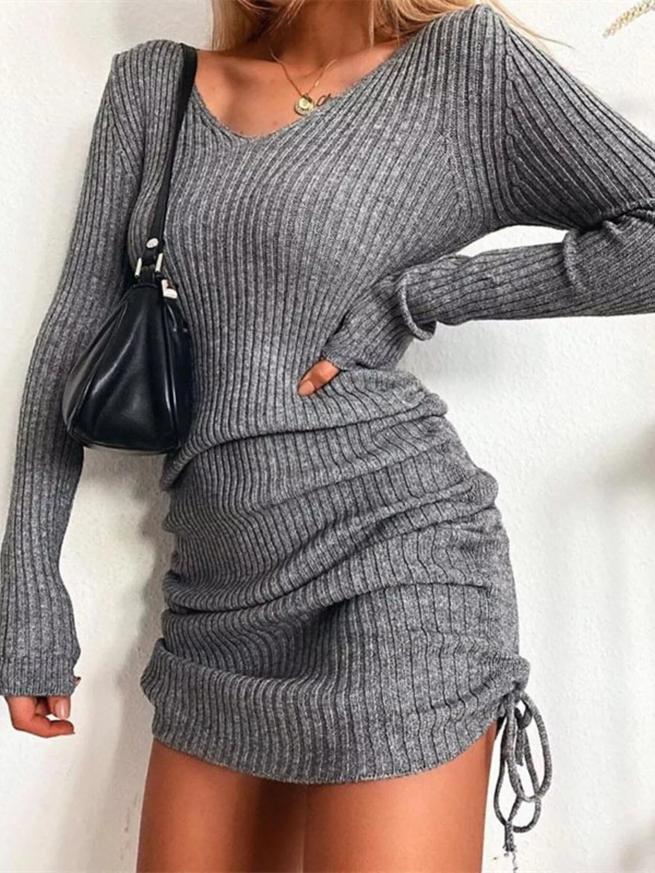 Full Size Ribbed Knit Drawstring Bodycon Sweater Dress Plus Size Gray