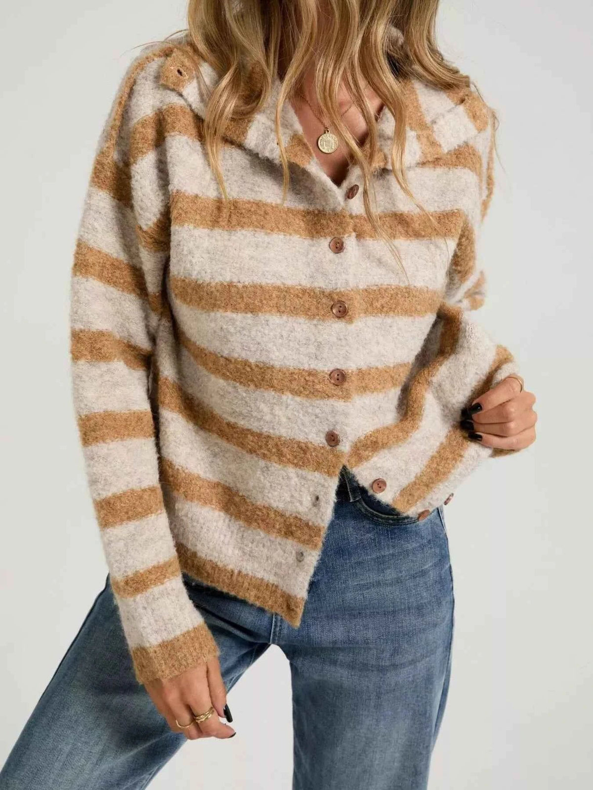 Striped Fuzzy Knit Collared Button Front Long Sleeve Cardigan 2