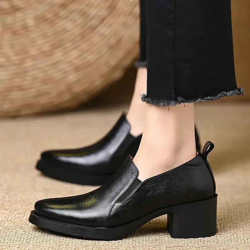 Pointed Toe Slip On Block Heel Loafer Pumps