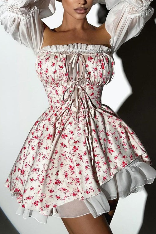 Off Shoulder Puff Sleeve Floral Print Fit and Flare Mini Dress