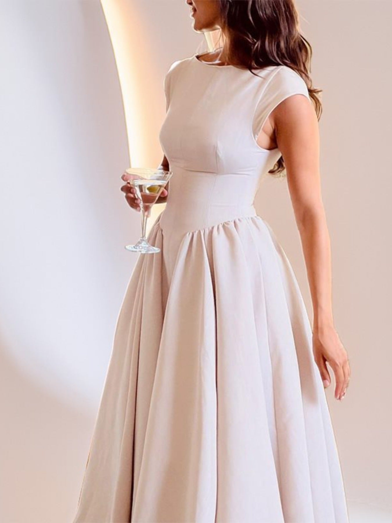 Satin Boat Neck Cap Sleeve Fit and Flare Midi Dress 3