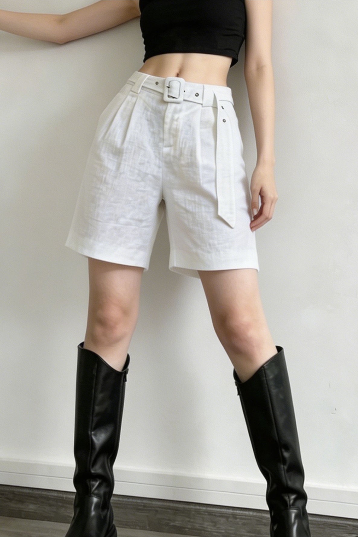 High Waist Belted Pleated Linen Look Bermuda Shorts 4