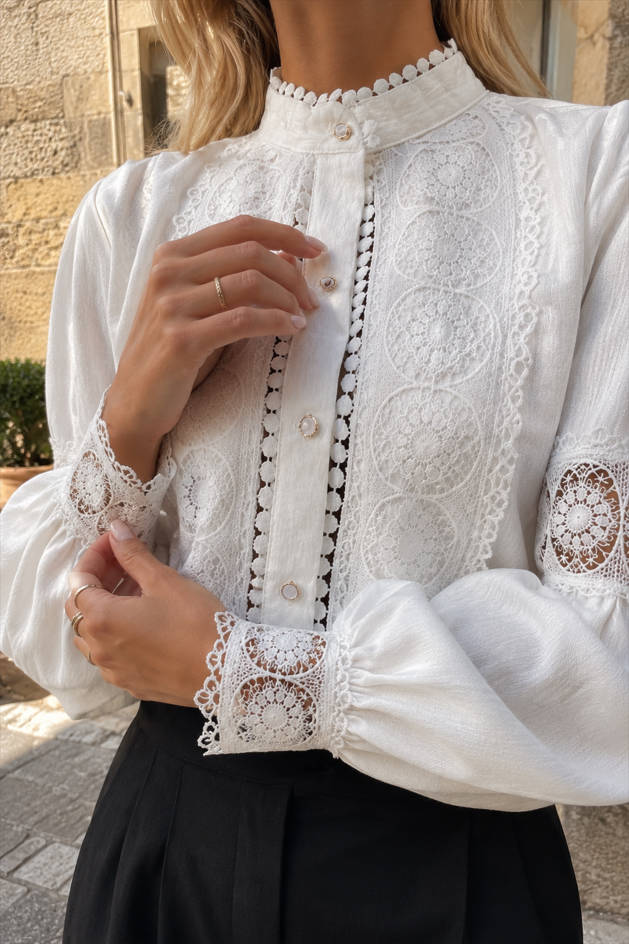 Lace Paneled Lantern Sleeve Blouse