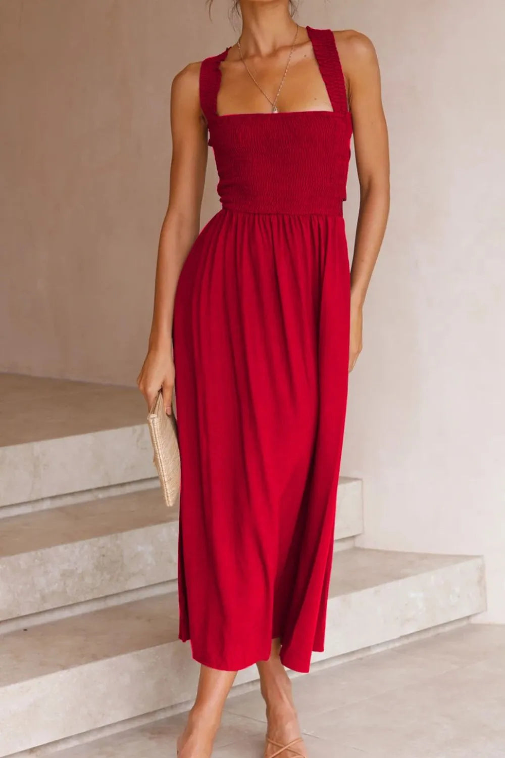 Crisscross Smocked Wide Strap Dress Deep Red