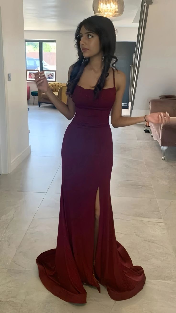 Sexy Mermaid Spaghetti Straps Burgundy Long Evening Dress Satin Prom Dresses SD1507