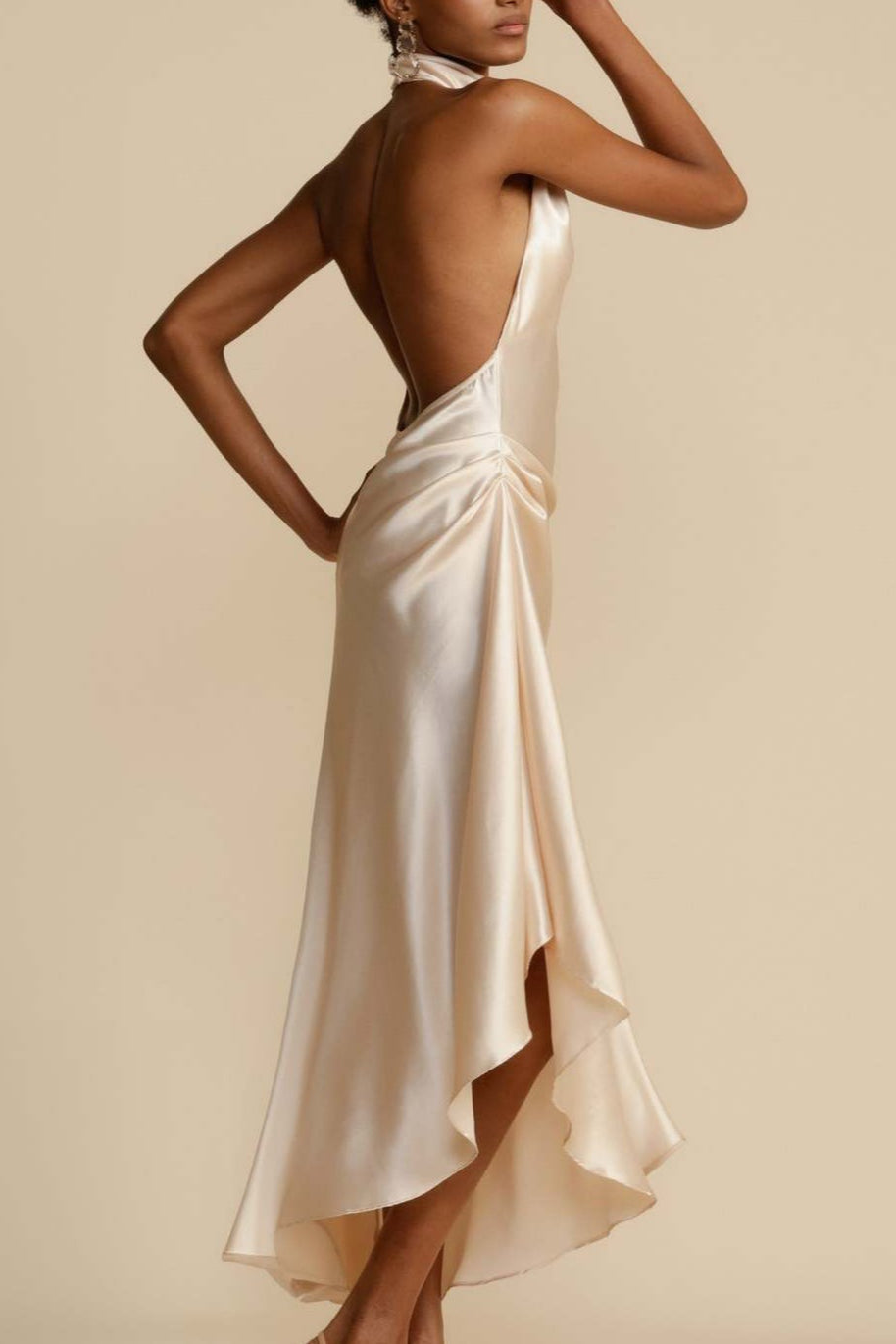 Satin Halter Neck Draped Asymmetric High Low Midi Dress - View 3