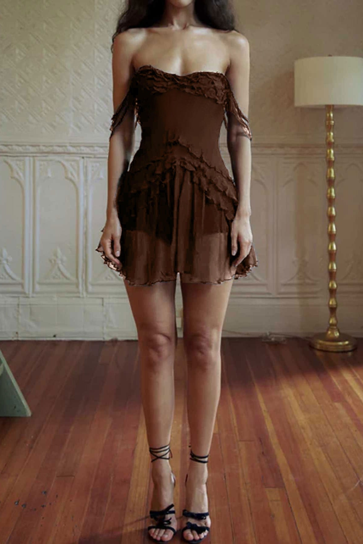 Sheer Mesh Off Shoulder Ruffle Ruched Bodycon Mini Dress