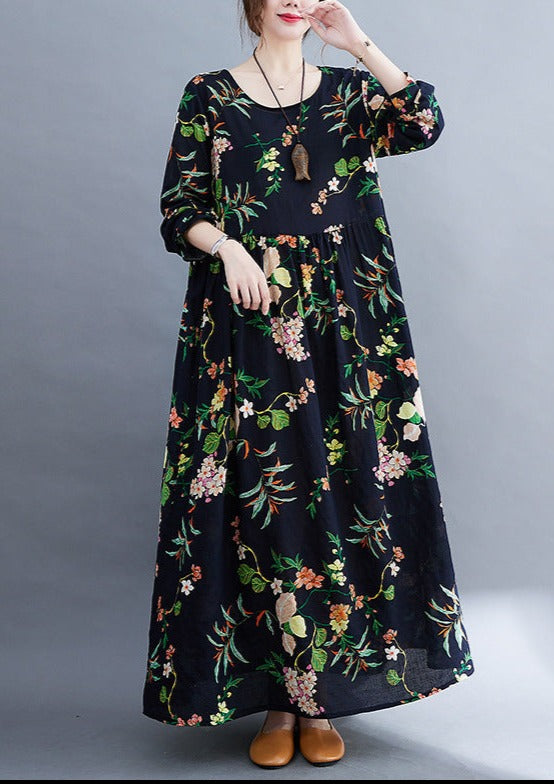 Floral Print Round Neck Long Sleeve Empire Waist Oversized Maxi Dress