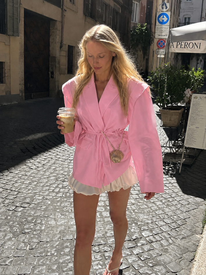 V-Neck Belted Shoulder Pad Blazer