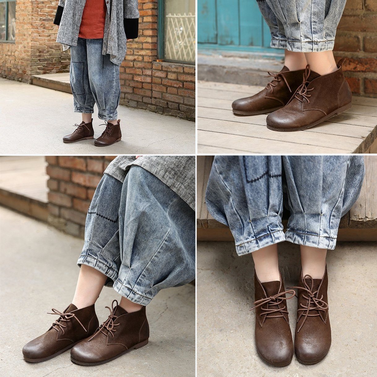 Brush-Off Leather Boots Lace-Up Soft Ankle Booties Casual Work Combat Boots Coffee/Brown