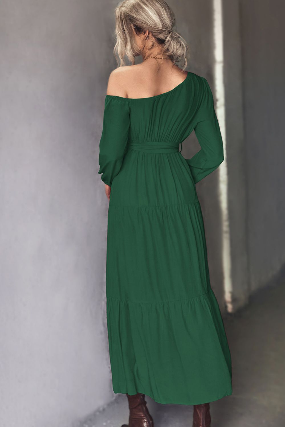 One Shoulder Long Sleeve Belted Tiered Maxi Dress 10
