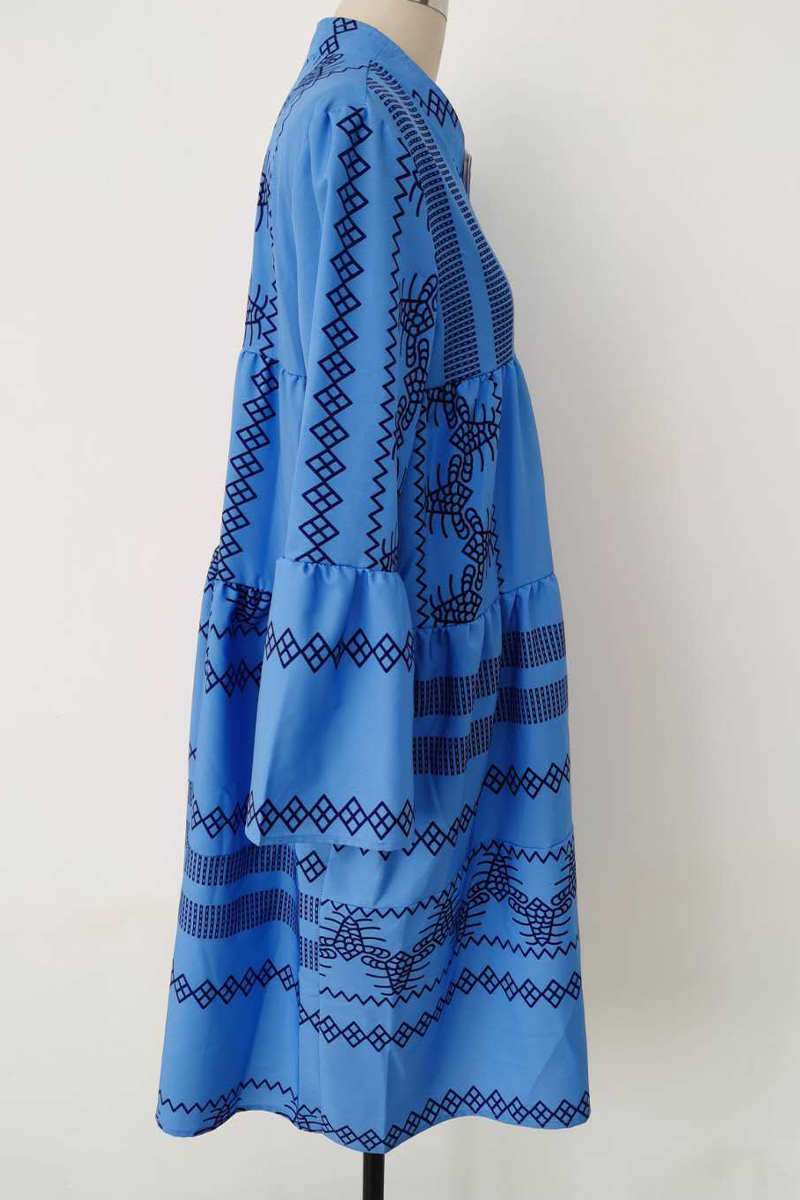 Mandarin Collar V-Neck Long Sleeve Geometric Print Tiered Mini Dress
