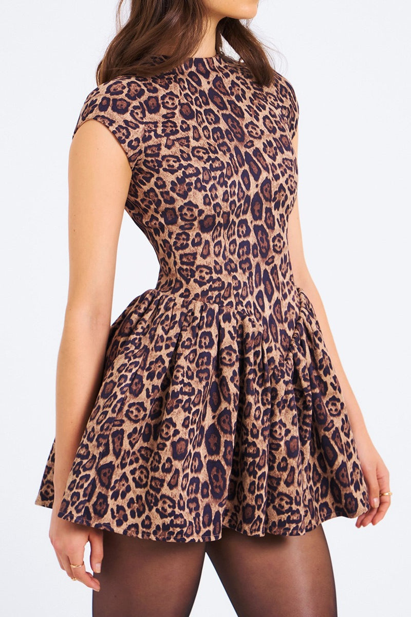 Animal Print Crew Neck Cap Sleeve Dropped Waist Pleated Mini Party Dress