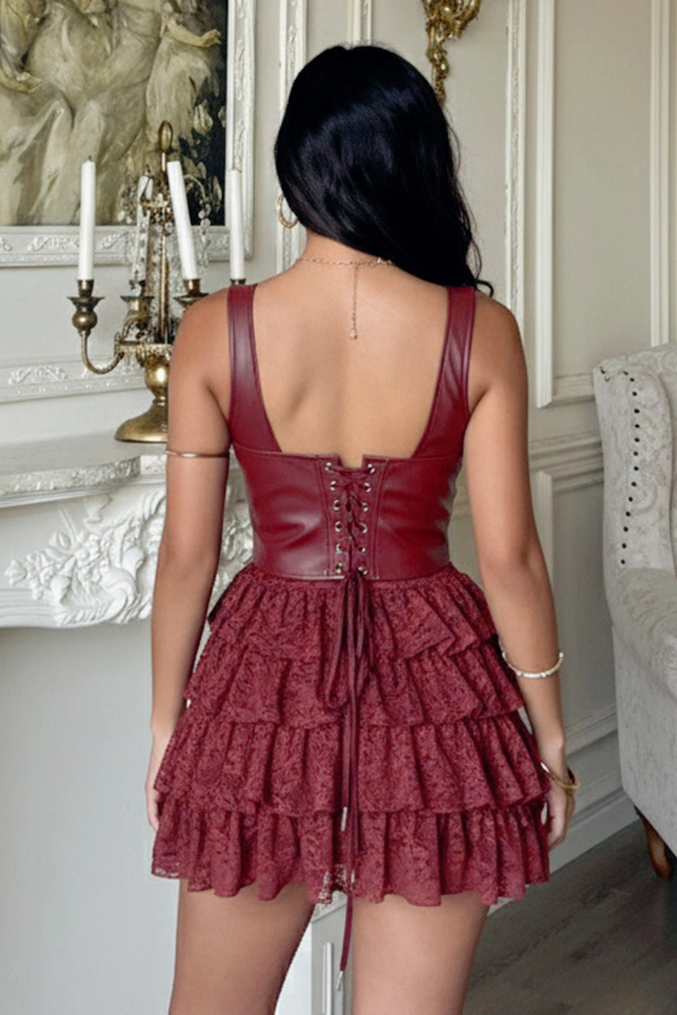 Faux Leather Corset Bustier Tiered Lace Ruffle Mini Dress