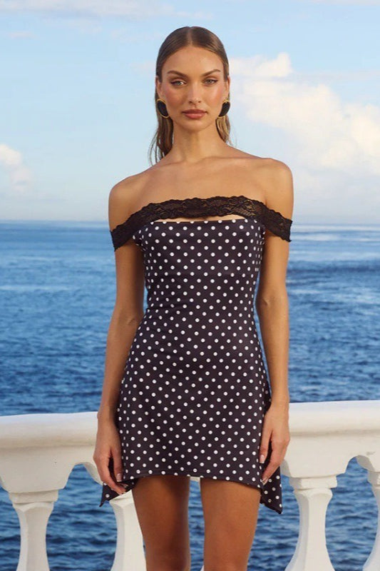 Off Shoulder Polka Dot Lace Trim Bodycon Mini Dress
