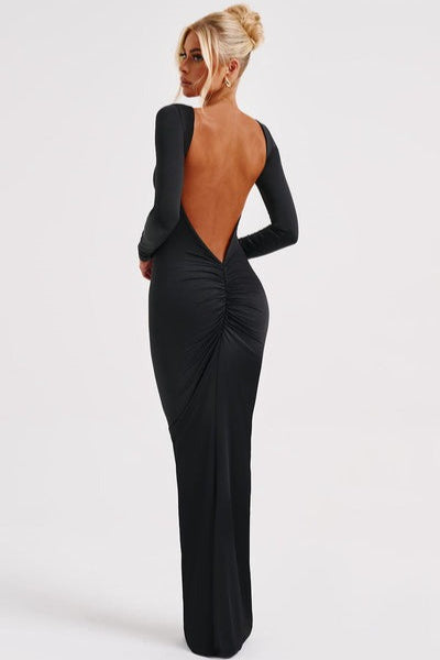 Long Sleeve Open Back Ruched Bodycon Mermaid Maxi Dress