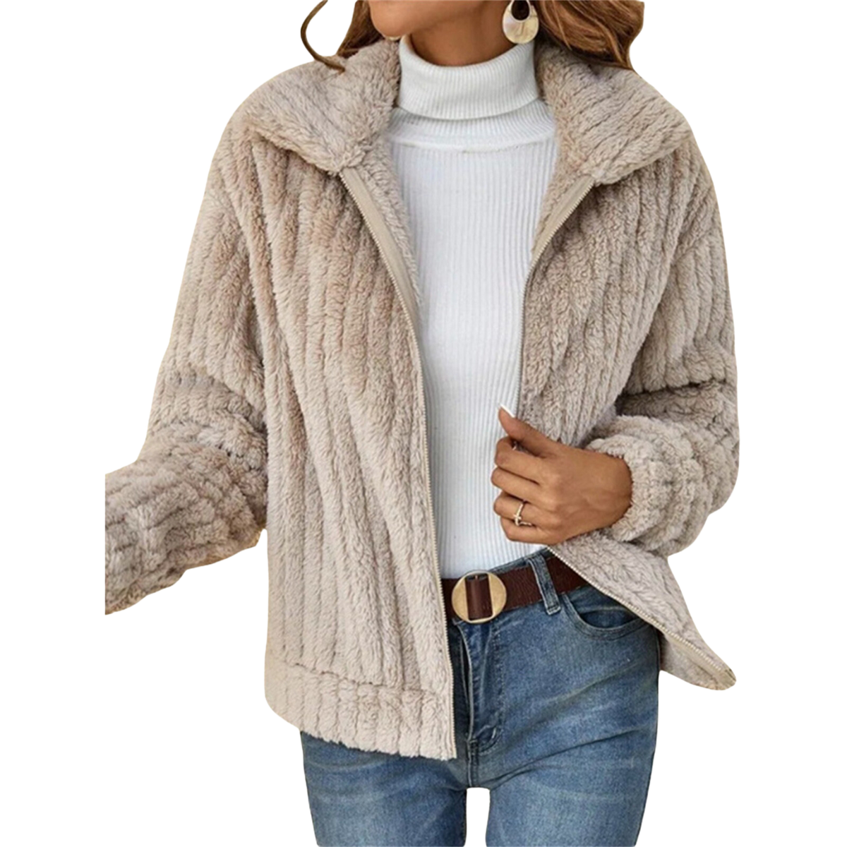 Fuzzy Fleece Lapel Collar Open Front Jacket
