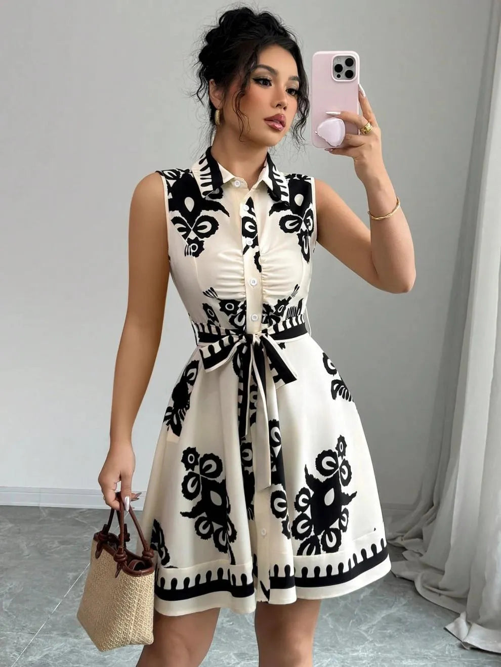 Abstract Print Collared Sleeveless Belted Button Front Mini Shirt Dress