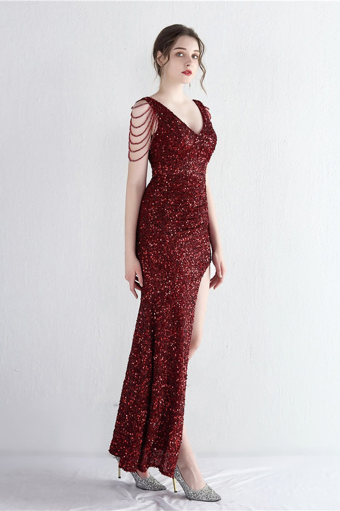 Sequin V-Neck Beaded Fringe High Split Mermaid Gown