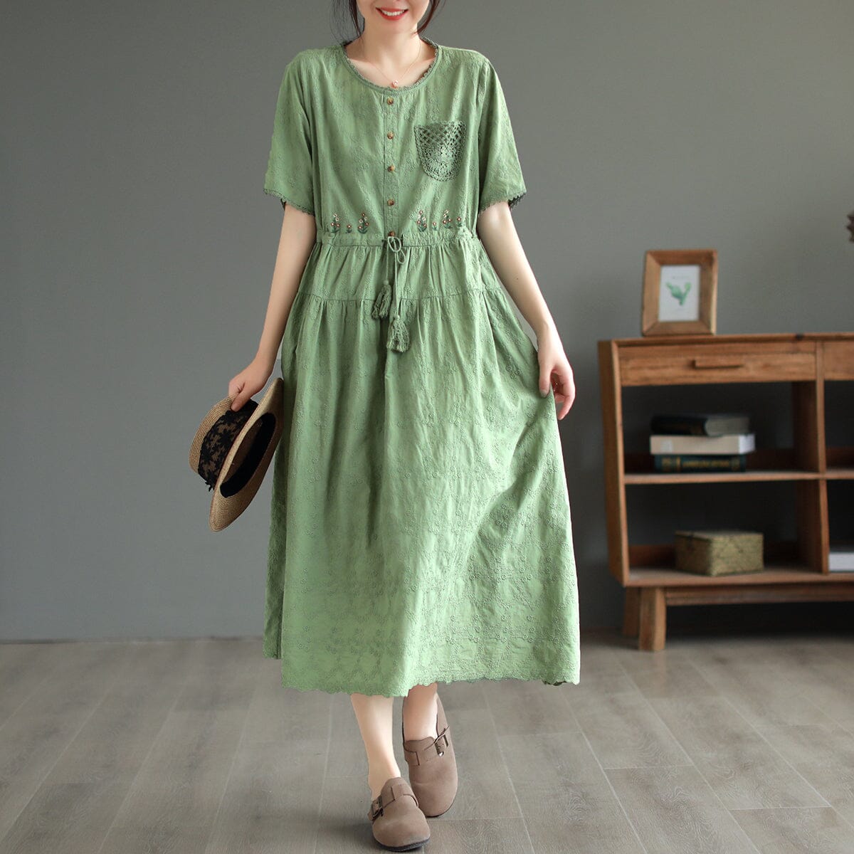 Embroidered Floral Scallop Trim Button Front Drawstring Waist Tiered Midi Dress
