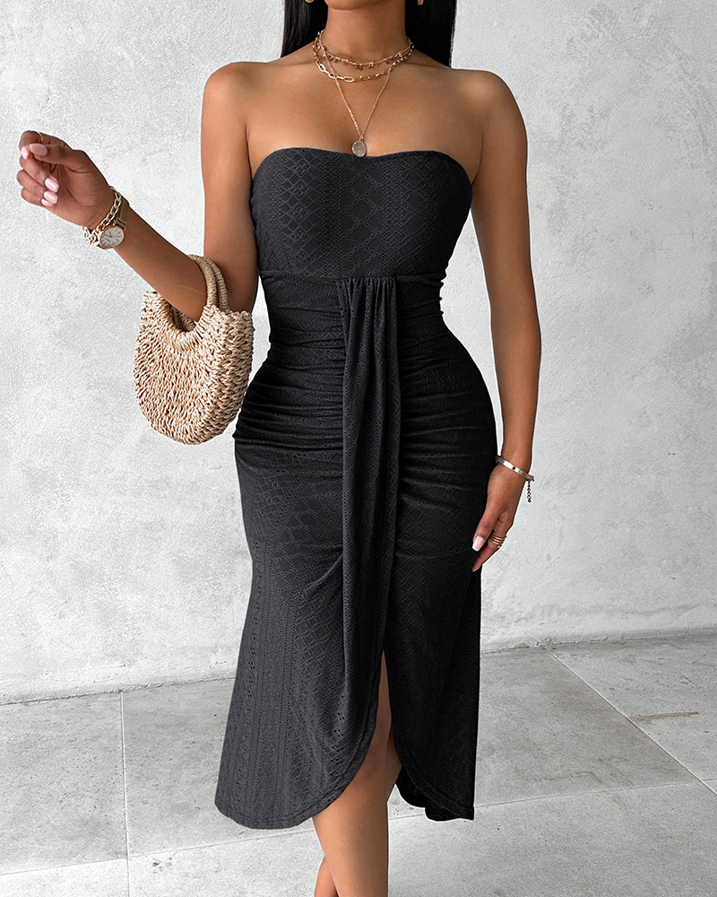 Strapless Eyelet Ruched High Split Midi Dress Summer 17