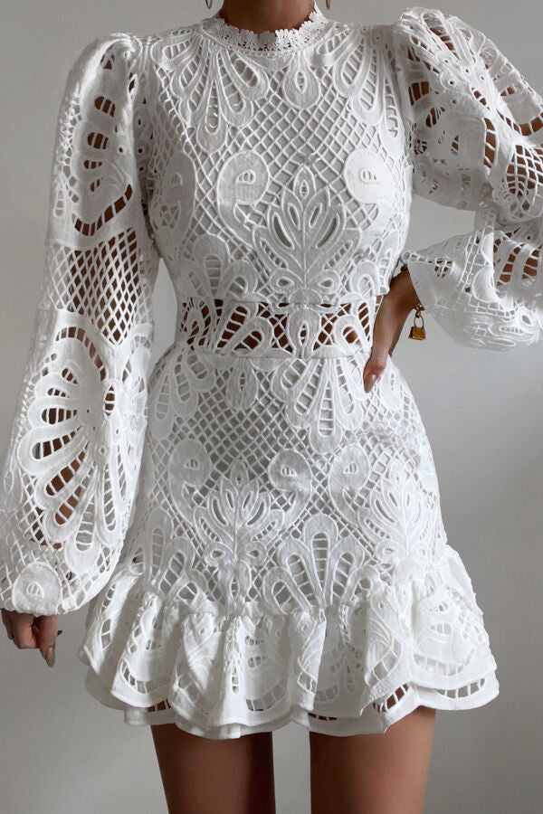 Crochet Lace Mock Neck Waist Cut Out Balloon Sleeve Tiered Ruffle Mini Dress