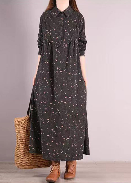 Ditsy Floral Print Collar Button Front Long Sleeve Pocket Maxi Shirt Dress