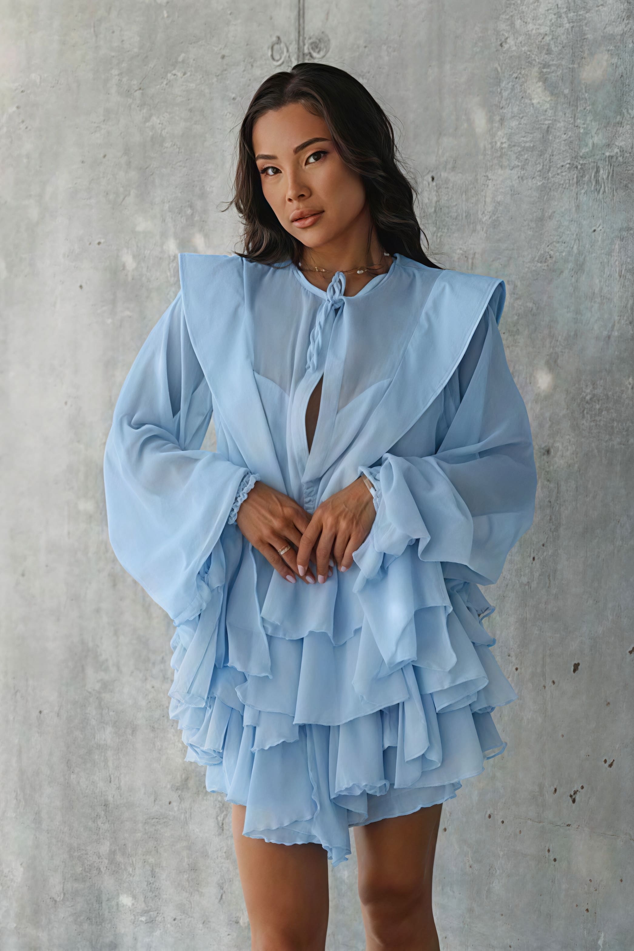 Long Sleeve Tie Mesh Sheer Tiered Mini Dress - View 2