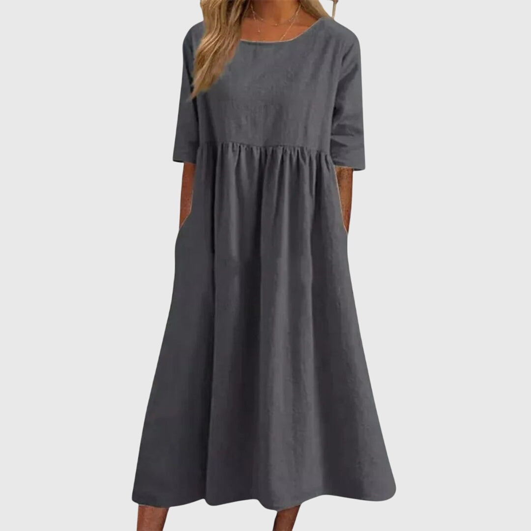 Round Neck Short Sleeve Tiered Midi Dress