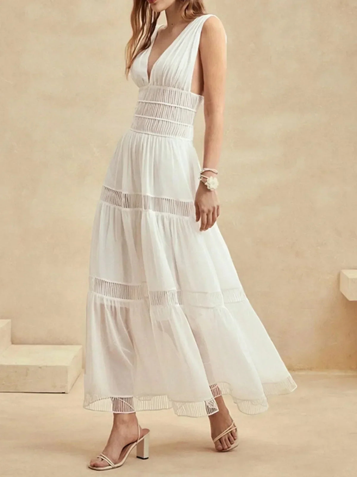 Deep V-Neck Sleeveless Smocked Waist Ladder Trim Tiered Maxi Dress 2
