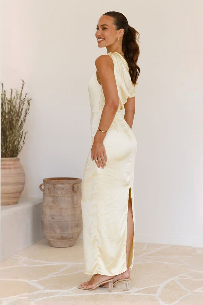 Satin One Shoulder Draped Column Maxi Dress