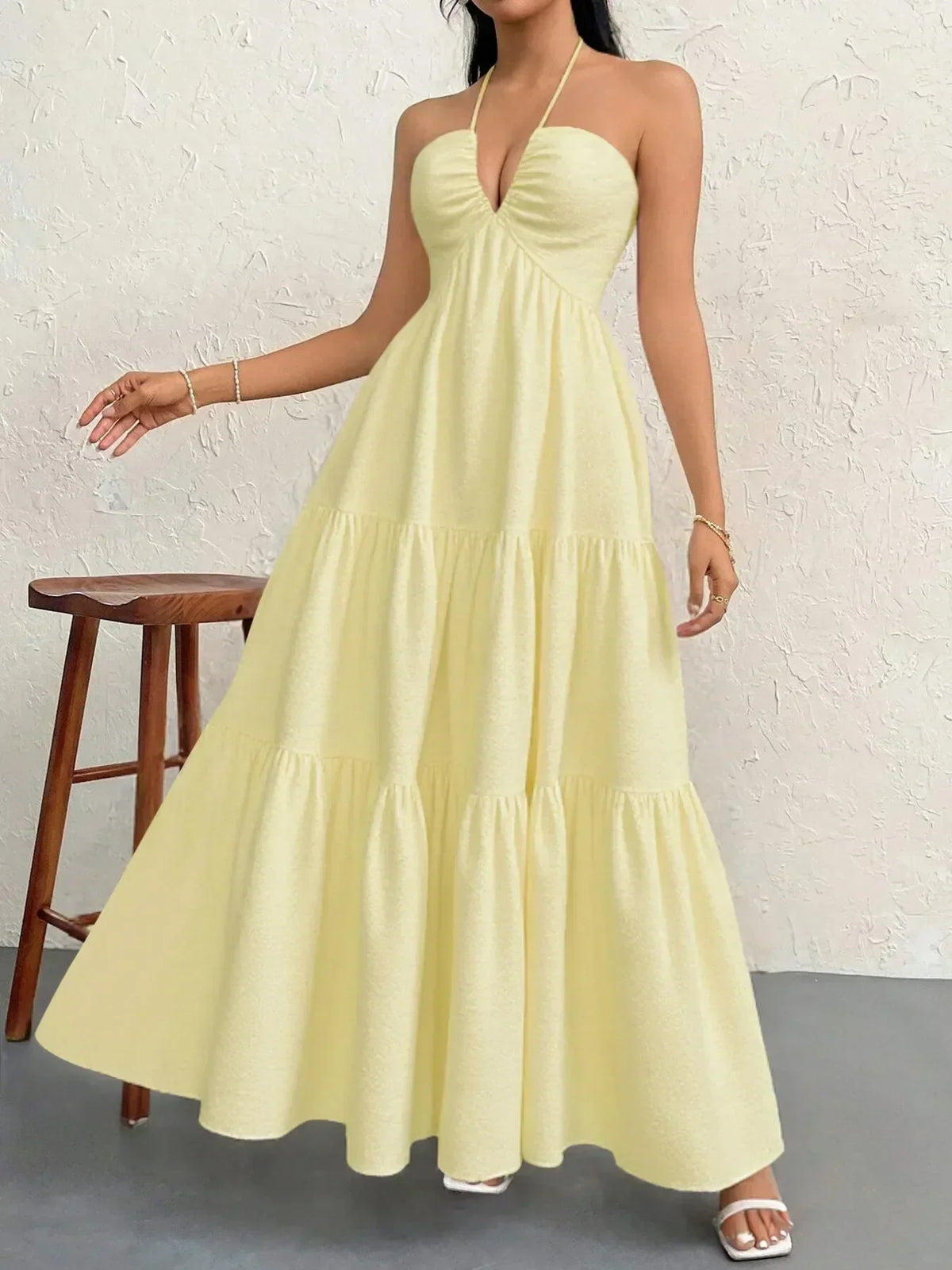 Halter Neck Deep V-Neck Sleeveless Tiered Maxi Dress 9