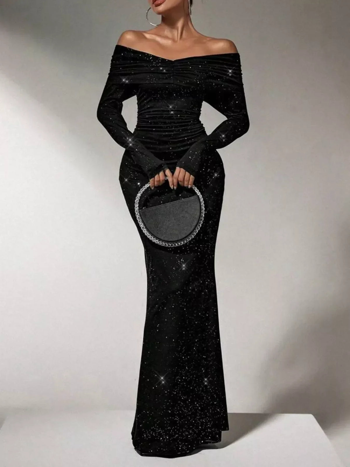 Off-Shoulder Glitter Evening Maxi Dress