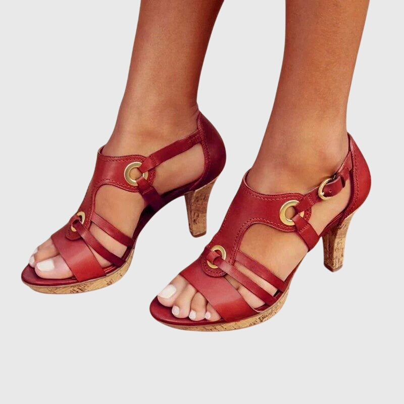 Open Toe T-Strap Ring Buckle Cork Block Heel Sandals