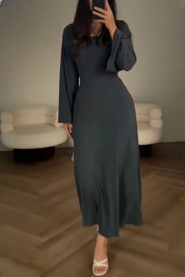 Rib Knit Square Neck Bell Sleeve Bodycon Maxi Dress