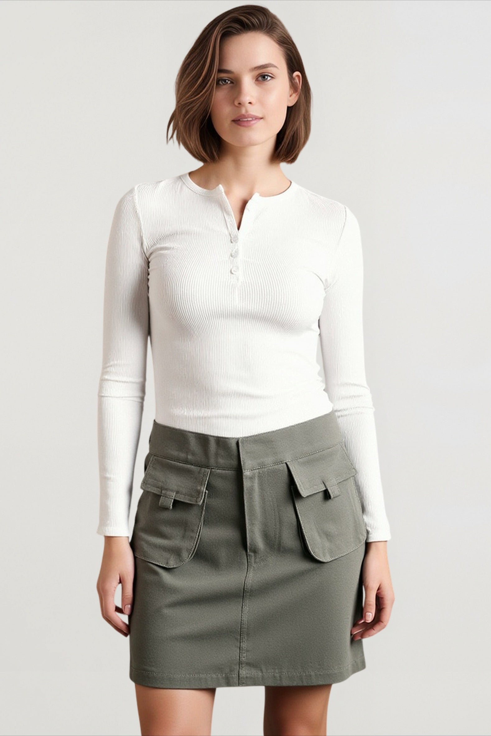 Deep V-Neck Ribbed Long Sleeve Top