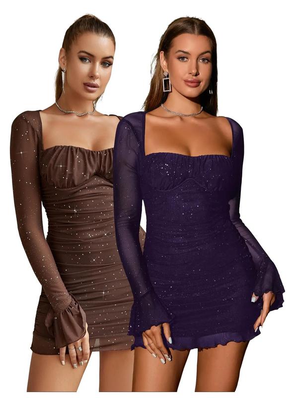 Glitter Mesh Square Neck Long Sleeve Ruched Bustier Mini Dress 9