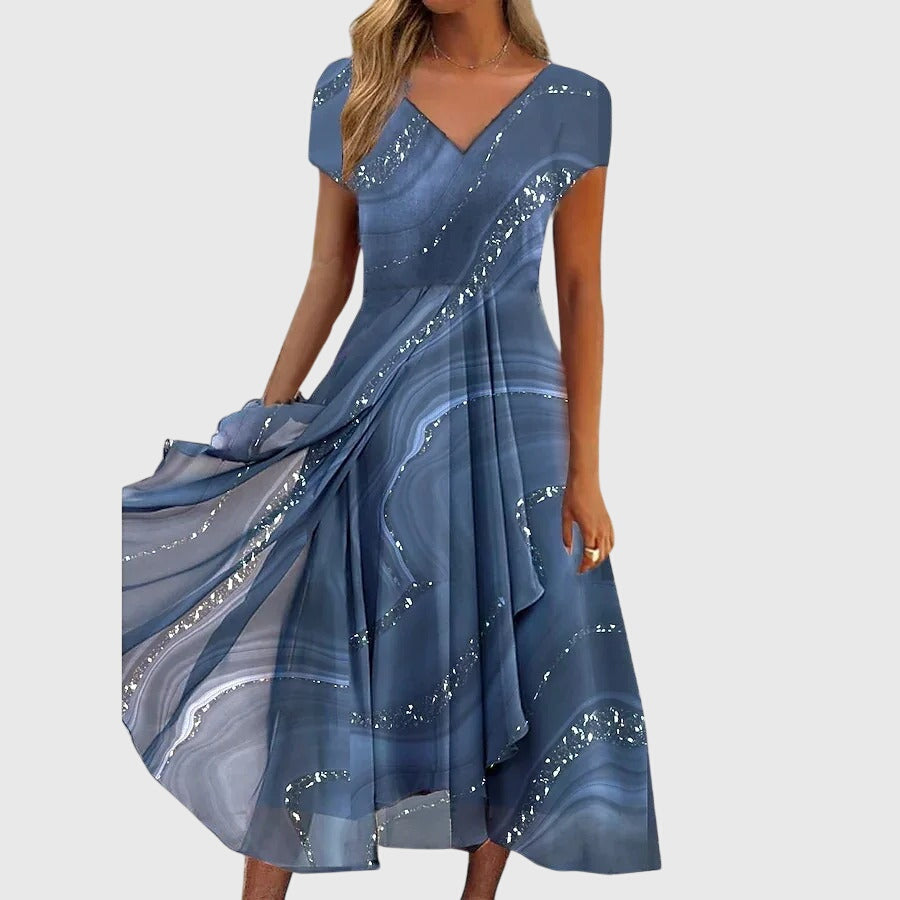 Marble Print V-Neck Cap Sleeve Chiffon Maxi Dress
