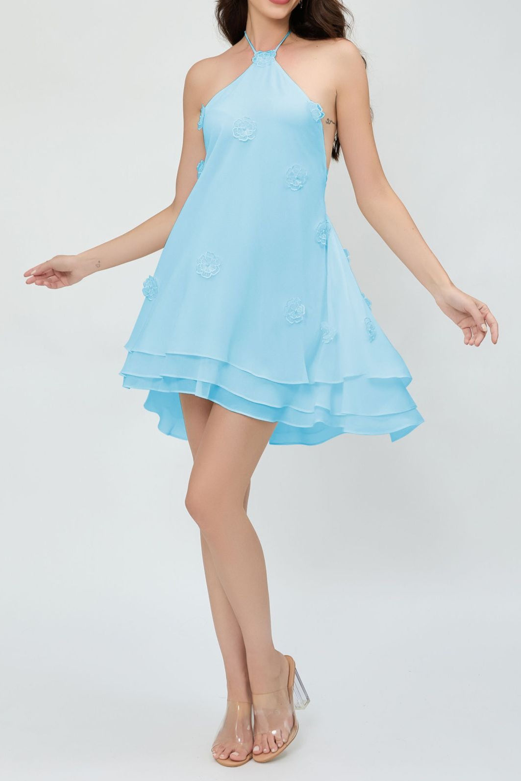 Halter Neck 3D Floral Tiered Ruffle Swing Mini Dress