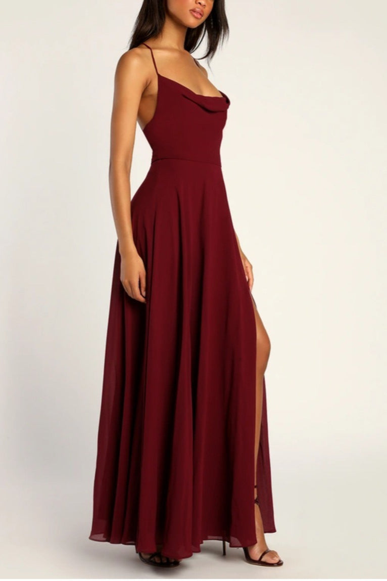 Chiffon Cowl Neck Lace Up Back High Split Maxi Dress