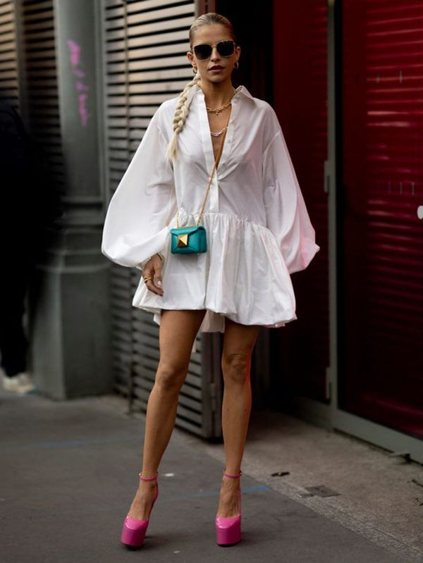 Puff Sleeve Collar Button Down Gathered Pleated Babydoll Mini Dress