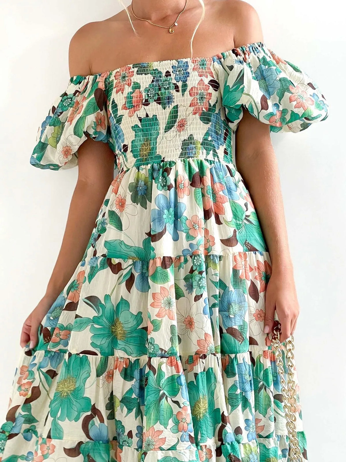 Floral Off Shoulder Smocked Puff Sleeve Tiered Maxi Dress 2