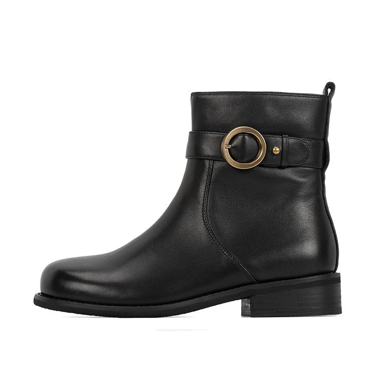 Designer Shoes Genuine Leather Round Toe Side Zip Low Heels Chic Mid-Calf Boots Black Leather Lining