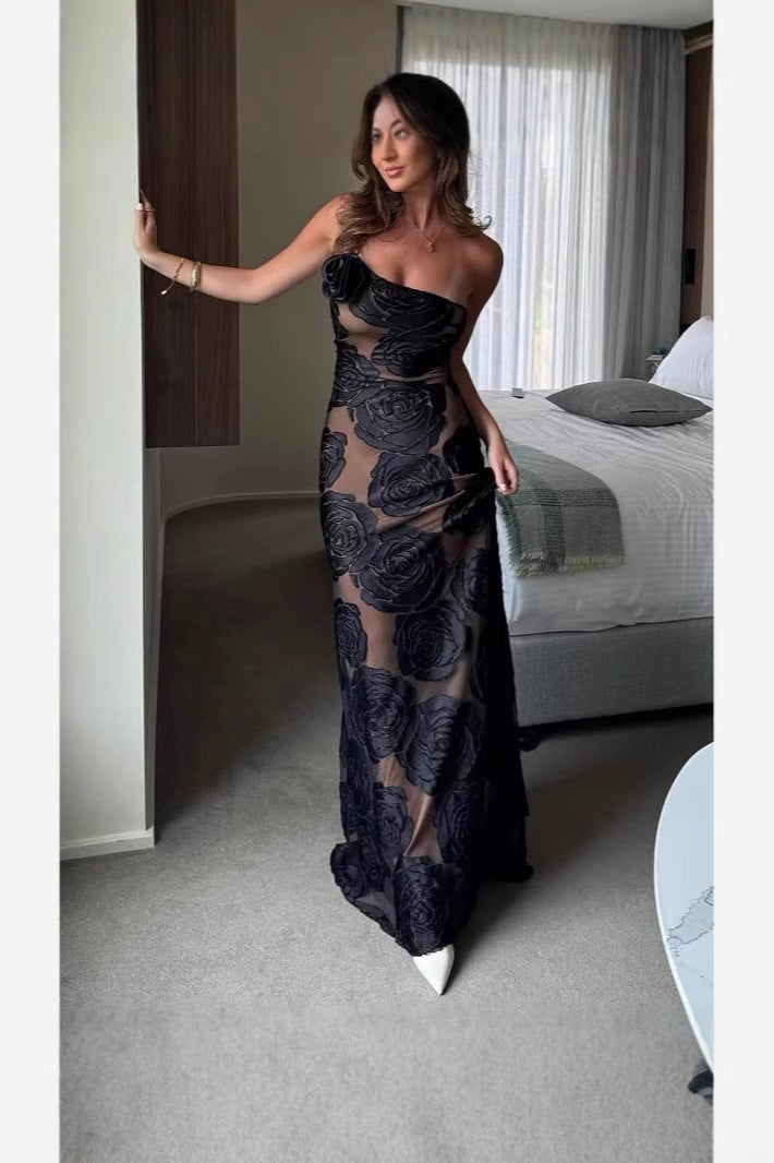 Floral Rosette One Shoulder Mesh Mermaid Gown